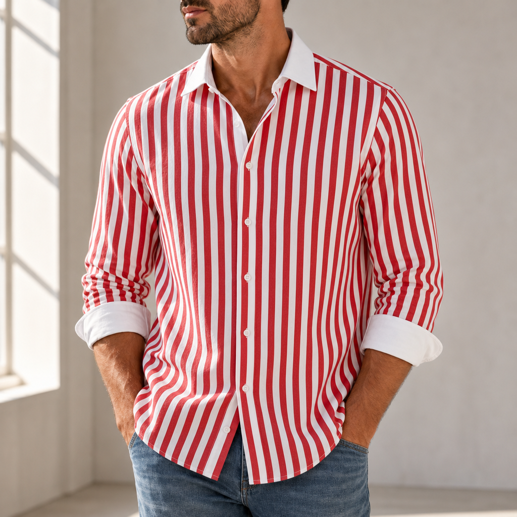Rovinj Striped Contrast Collar Shirt in White & Red