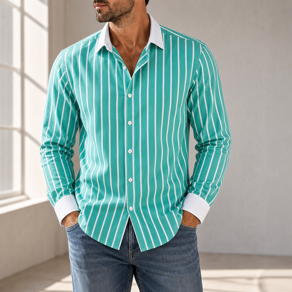Rovinj Striped Contrast Collar Shirt in Green