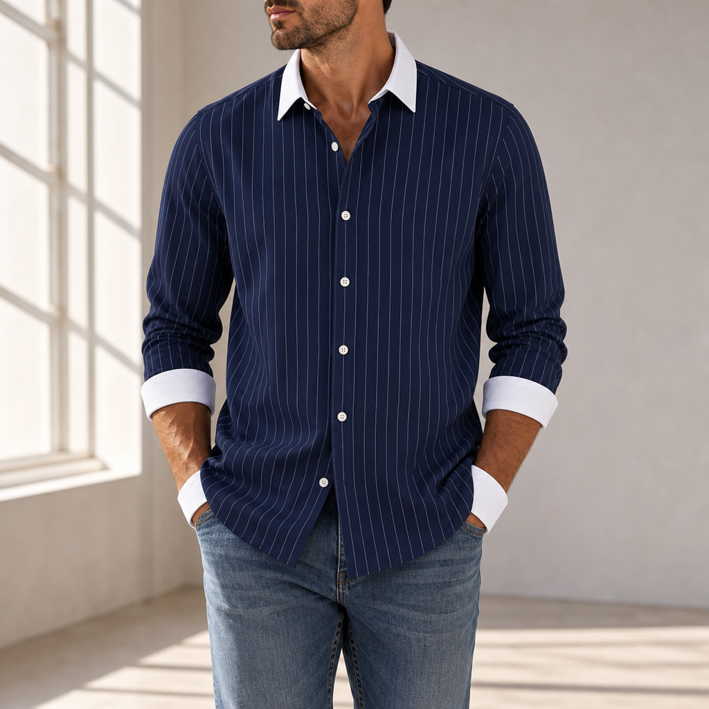 Rovinj Striped Contrast Collar Shirt in Navy
