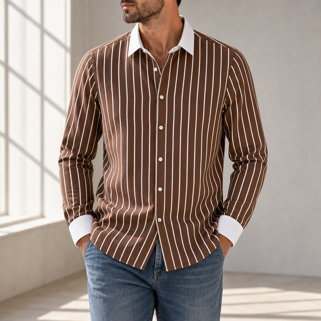Rovinj Striped Contrast Collar Shirt in Brown