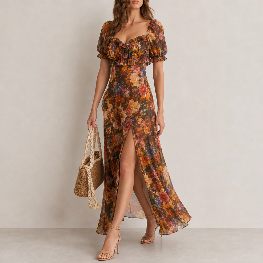Sanlucar Floral Ruched Midi Dress in Burnt Orange