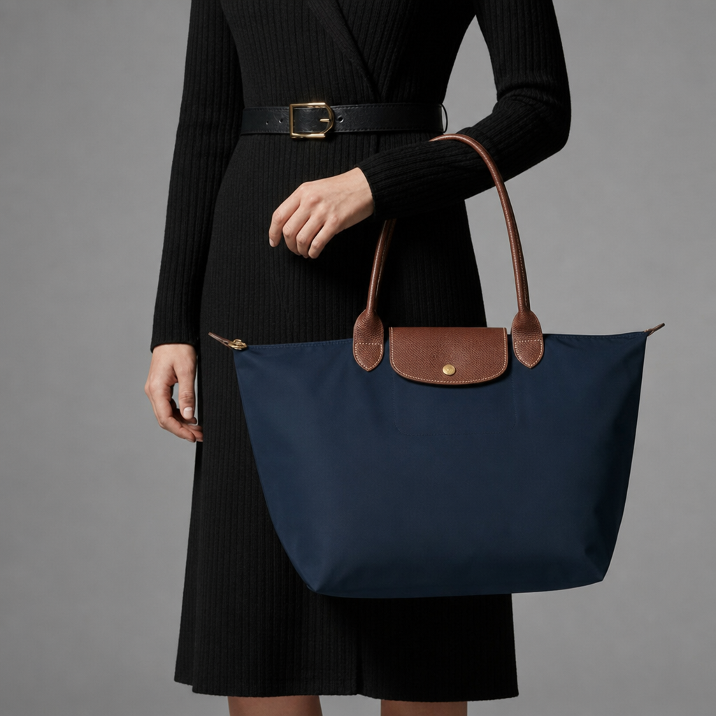 Serifos Leather Trim Tote Bag in Navy