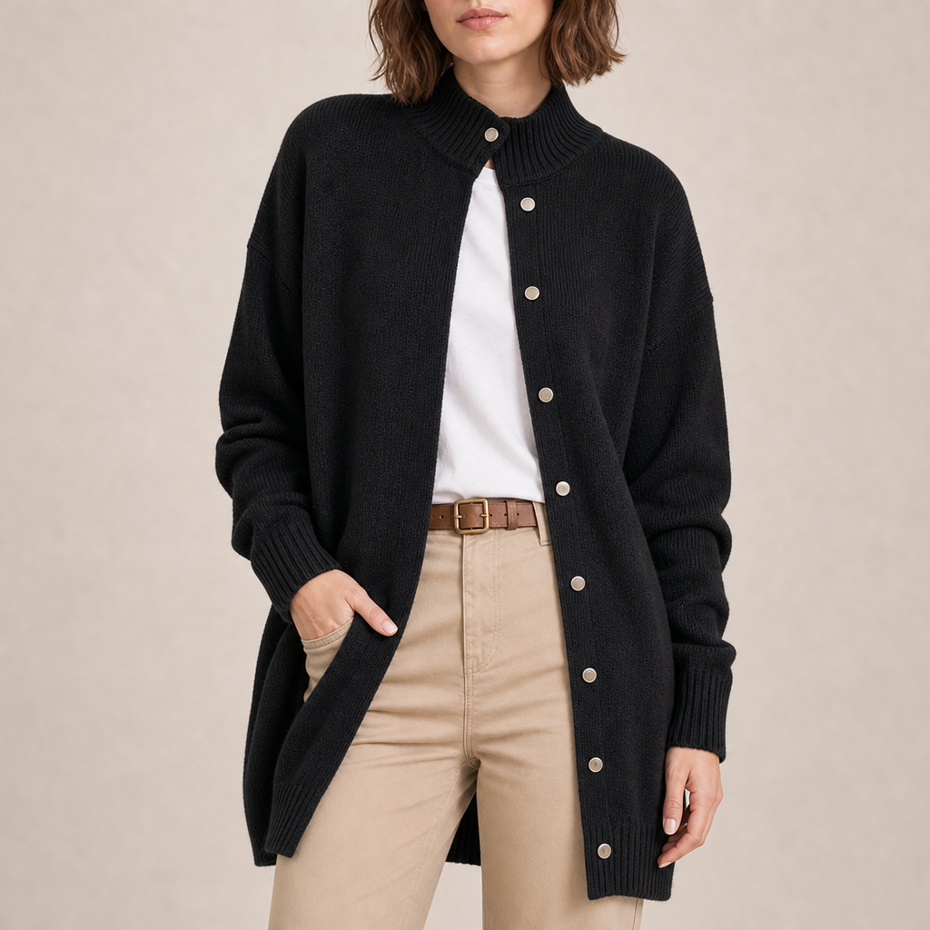 Sete Longline Button-Front Cardigan in Black