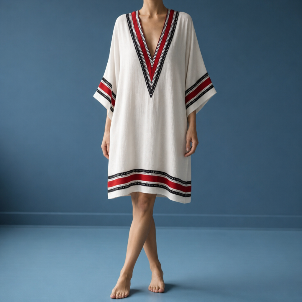 Siena Striped Trim Tunic Dress in Santorini Coastline