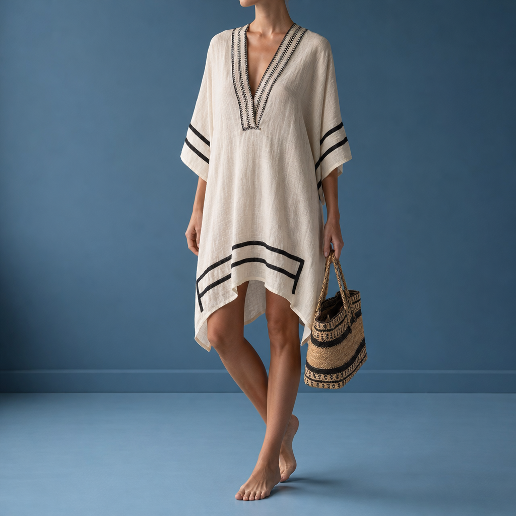 Siena Striped Trim Tunic Dress in Mediterranean Sand