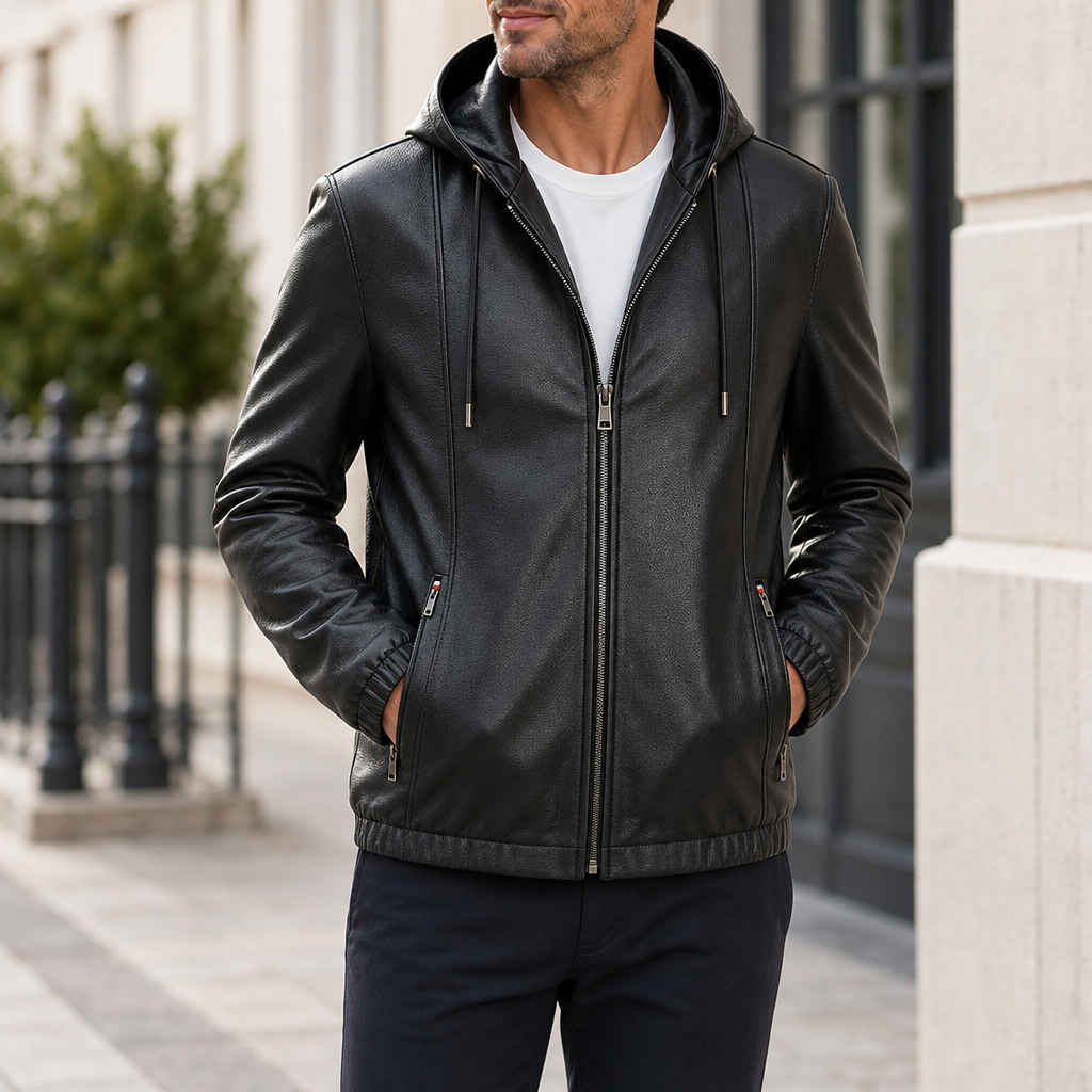 Sitia Hooded Leather Jacket in Black