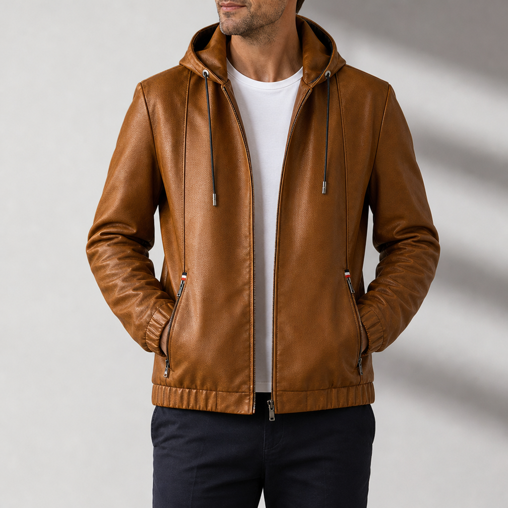 Sitia Hooded Leather Jacket in Brown