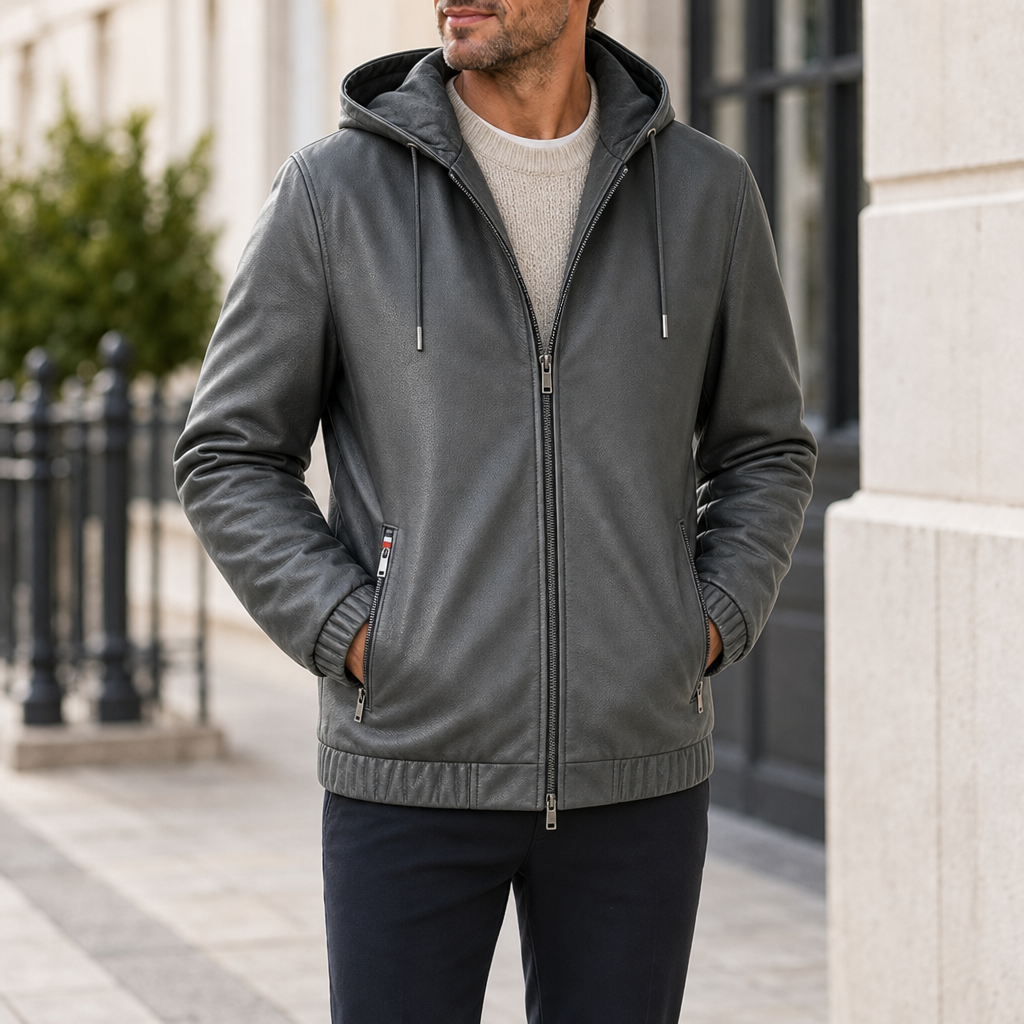Sitia Hooded Leather Jacket in Gray