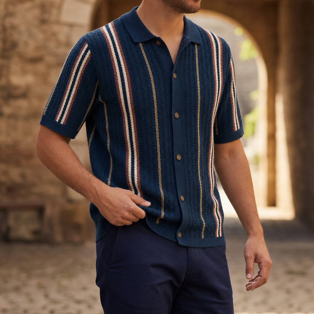 Skopelos Striped Knit Polo in Blue