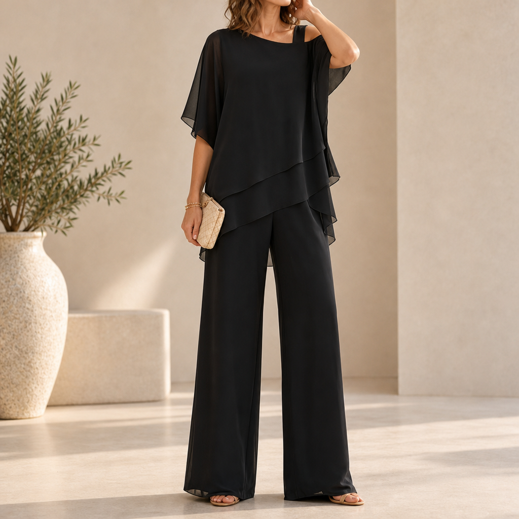 Sliema Layered Chiffon Pant Set in Black
