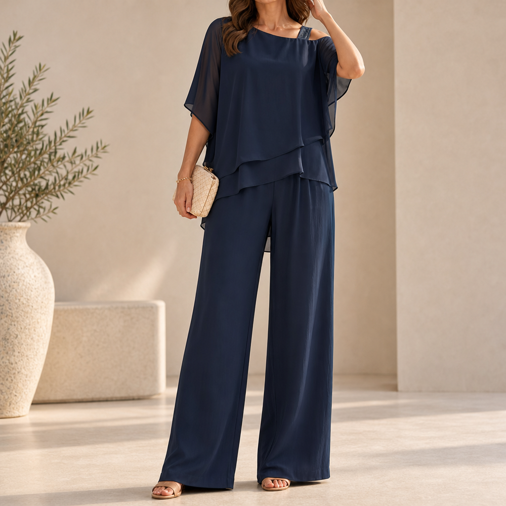 Sliema Layered Chiffon Pant Set in Navy Blue