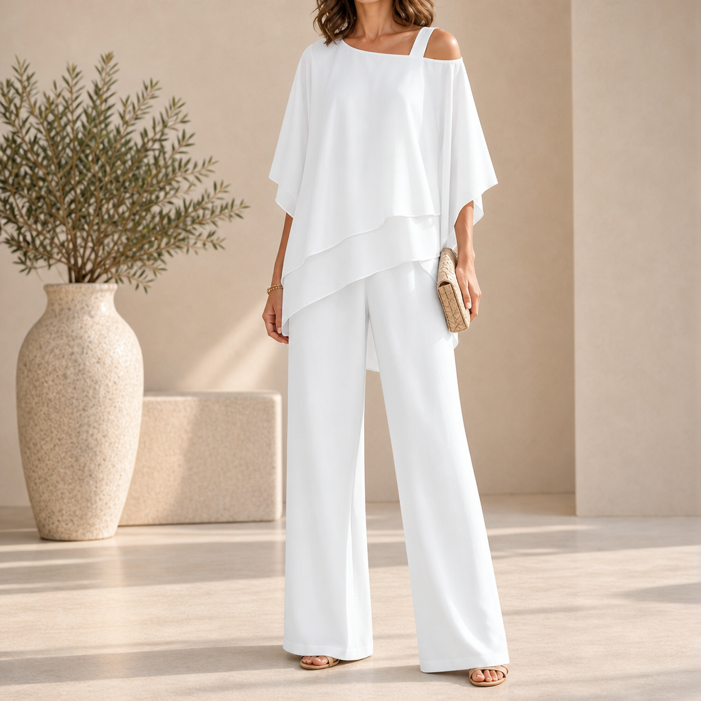 Sliema Layered Chiffon Pant Set in White