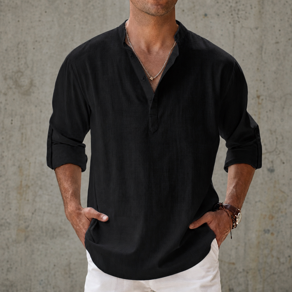 Soller Linen Henley Shirt in Black