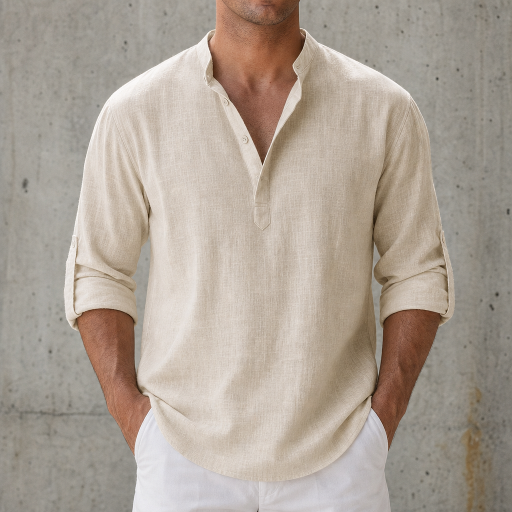 Soller Linen Henley Shirt in Peach
