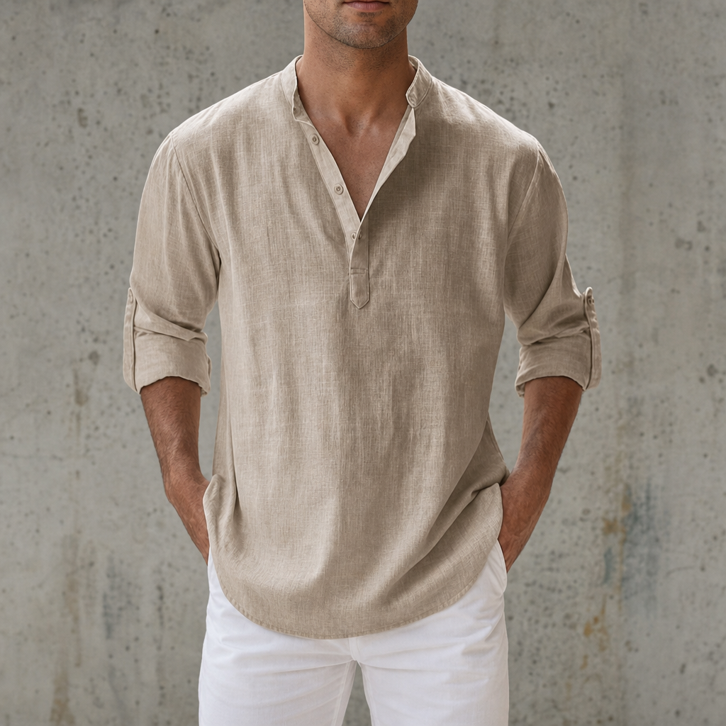 Soller Linen Henley Shirt in Khaki