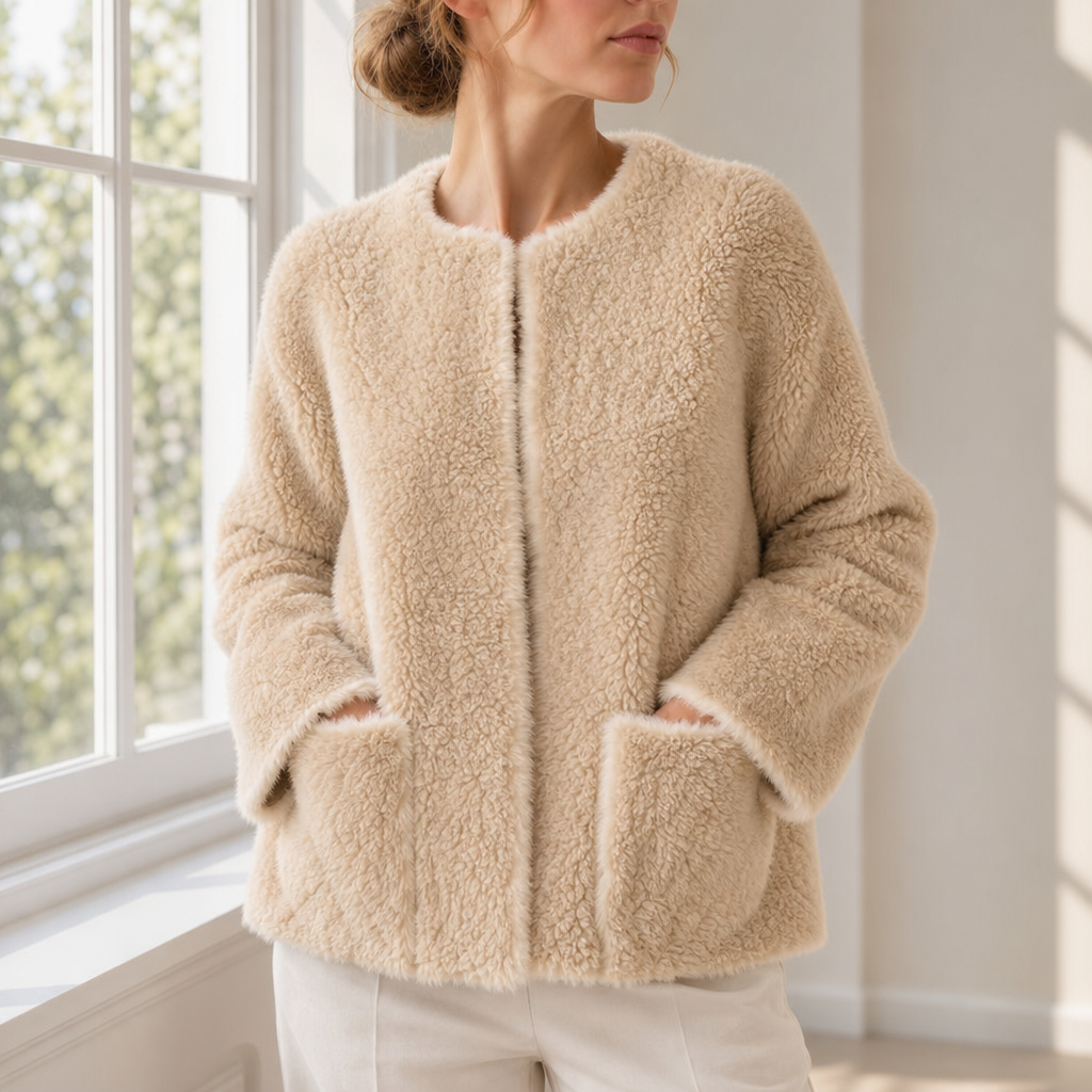 Spetses Plush Shearling Coat in Khaki Beige