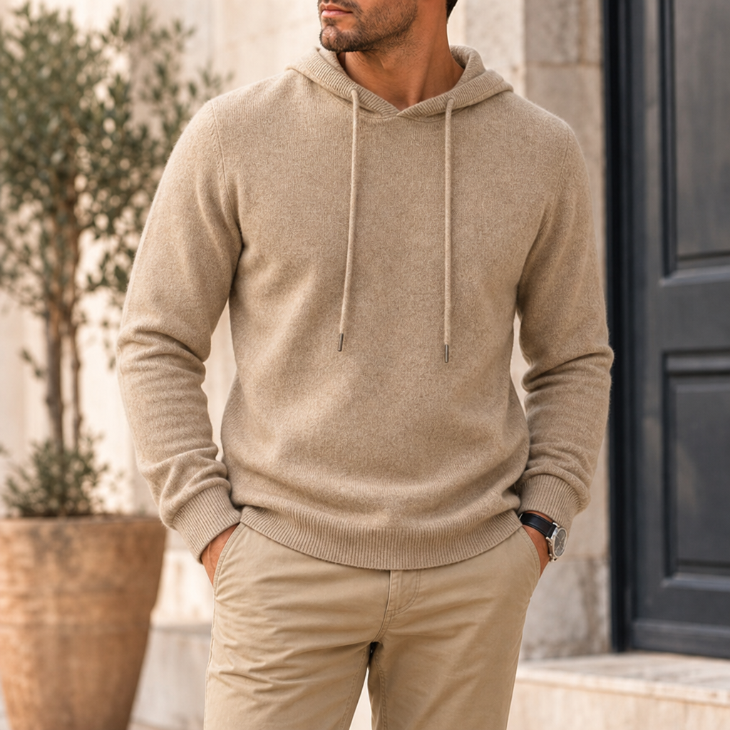 Ston Knit Pullover Hoodie in Beige