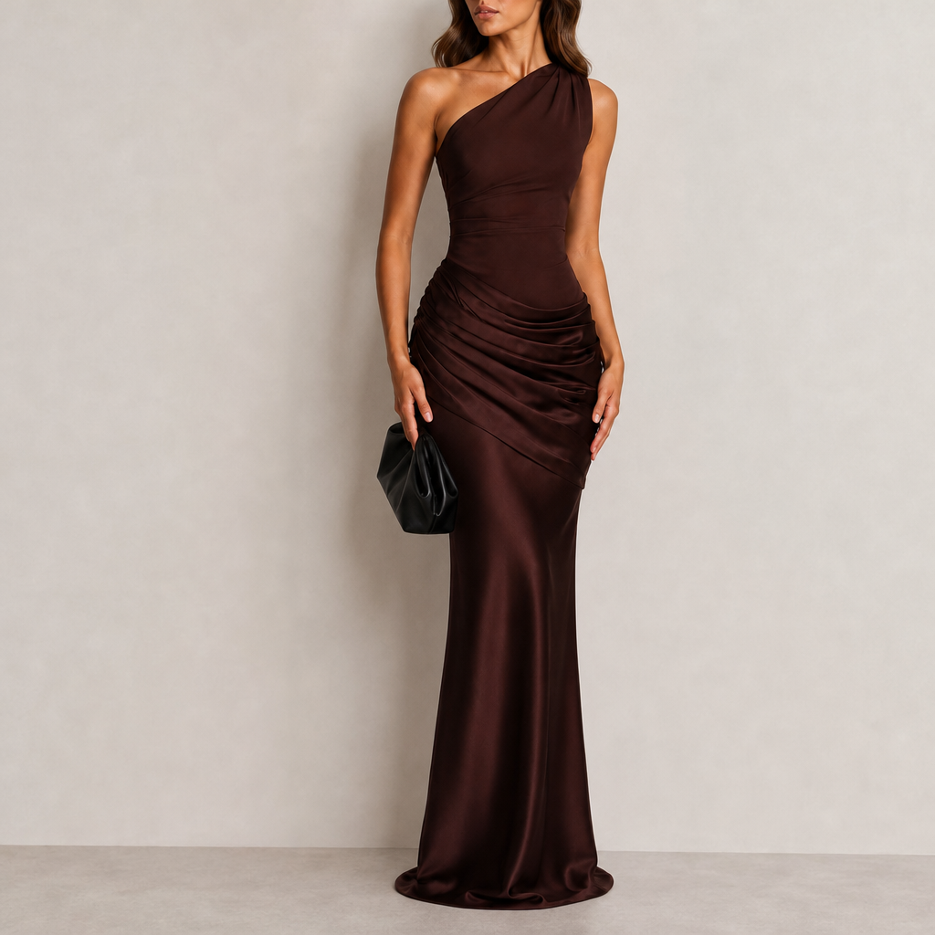 Stresa One Shoulder Satin Gown in Brown
