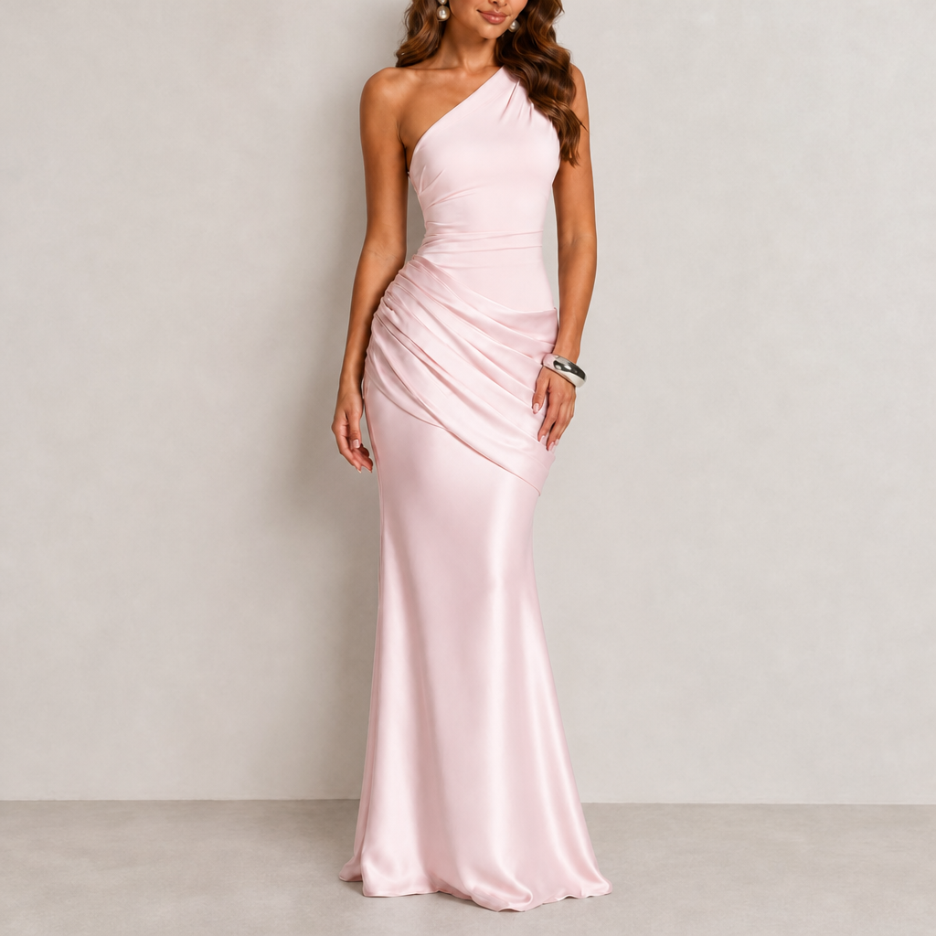 Stresa One Shoulder Satin Gown in Pink