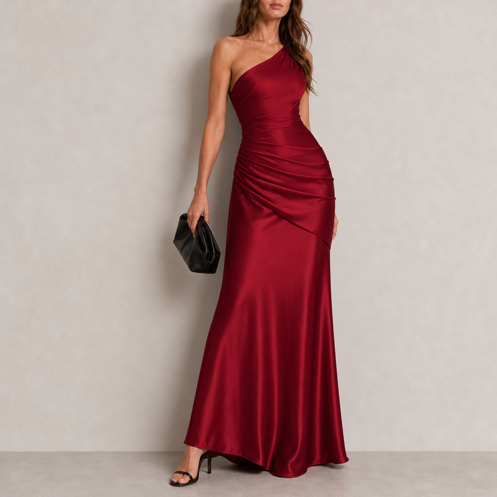 Stresa One Shoulder Satin Gown in Red