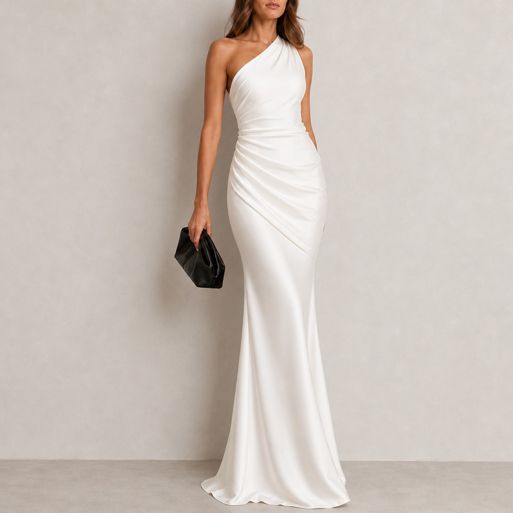 Stresa One Shoulder Satin Gown in White