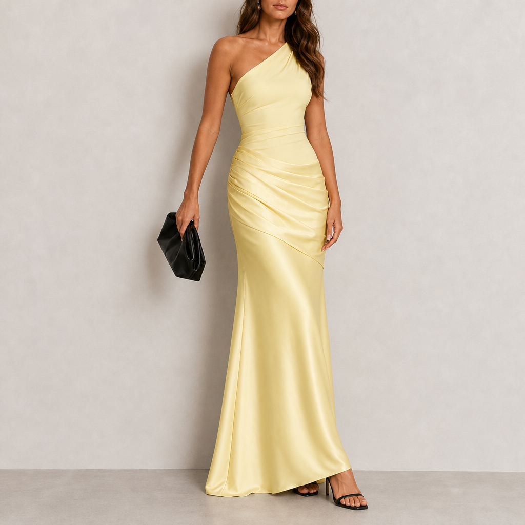 Stresa One Shoulder Satin Gown in Yellow