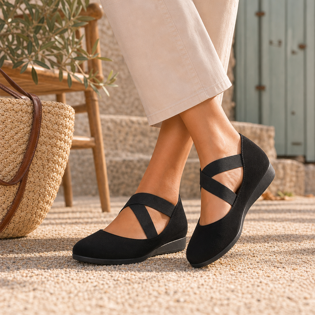 Stresa Orthopedic Cross-Strap Flats in Black