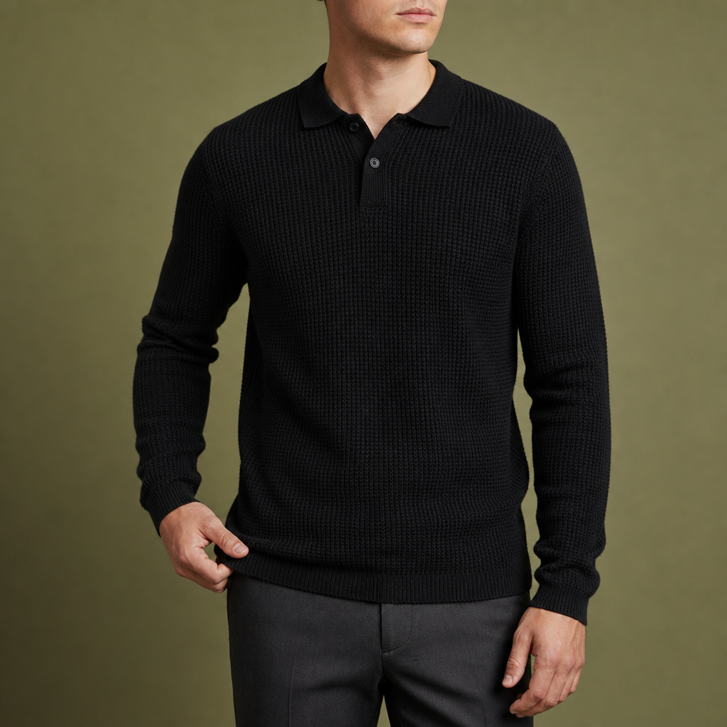 Stresa Waffle Knit Polo Sweater in Black