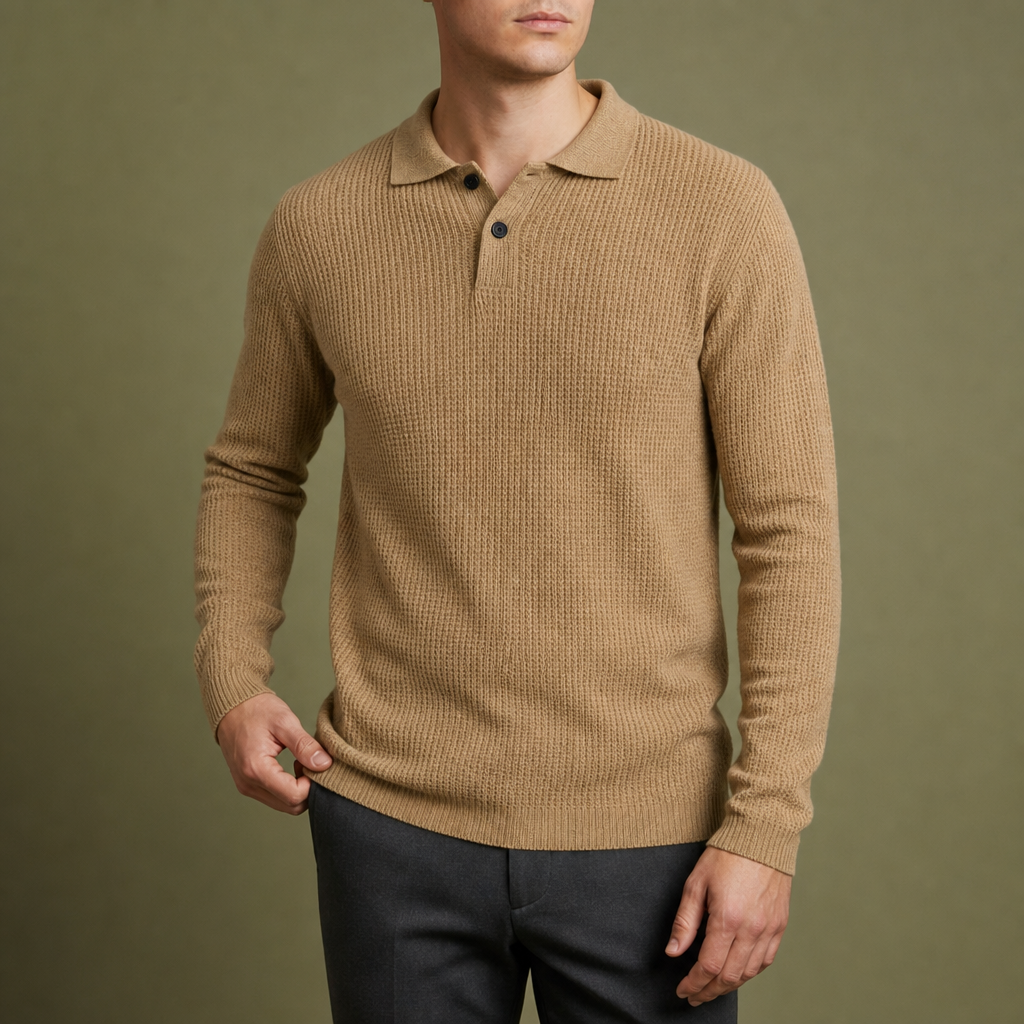 Stresa Waffle Knit Polo Sweater in Beige