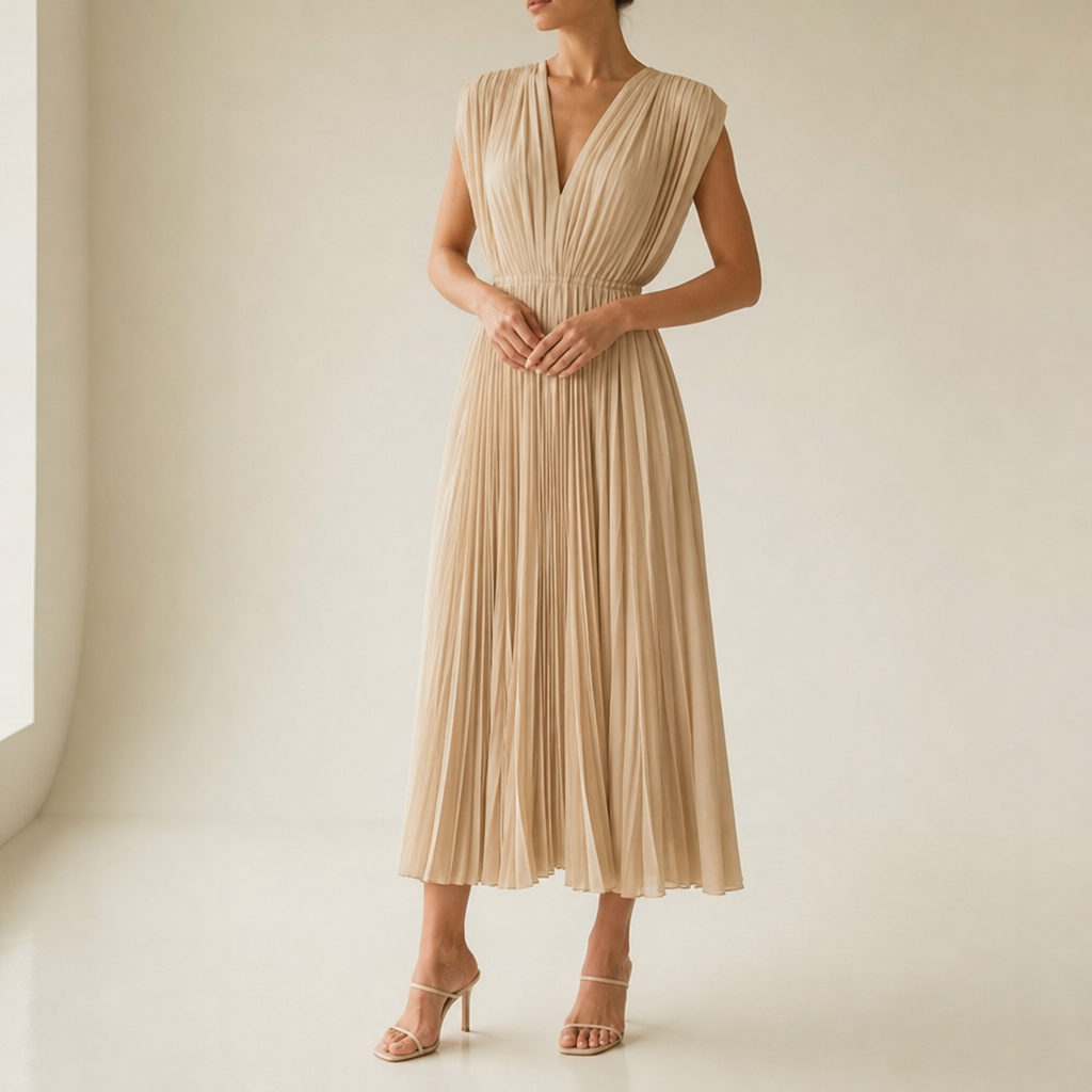 Tarragona Pleated V-Neck Midi Dress in Beige