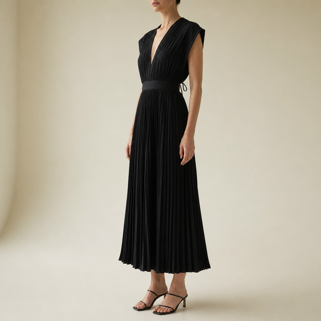 Tarragona Pleated V-Neck Midi Dress in Black