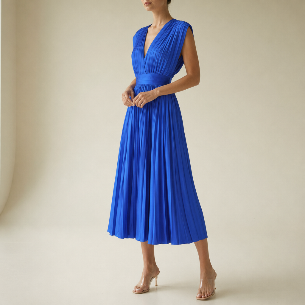Tarragona Pleated V-Neck Midi Dress in Blue