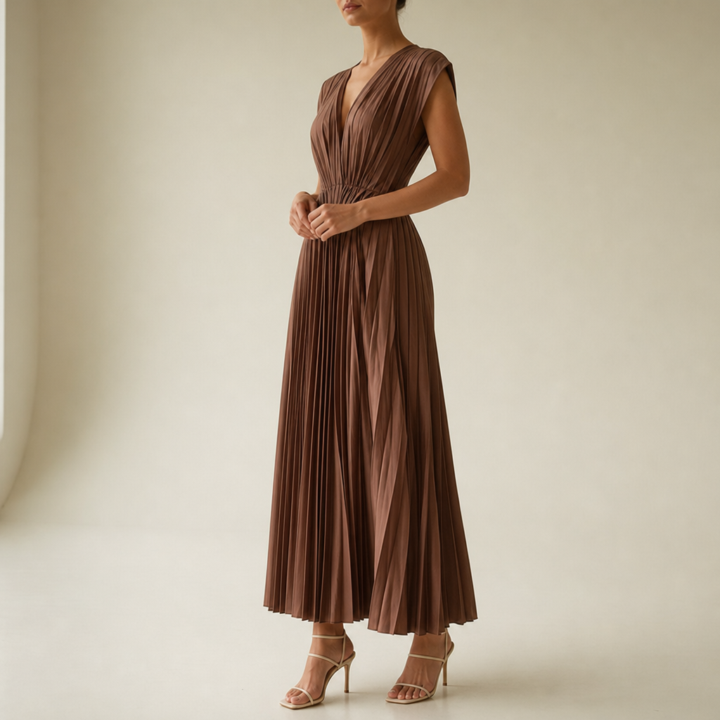 Tarragona Pleated V-Neck Midi Dress in Brown