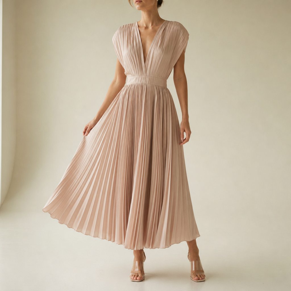 Tarragona Pleated V-Neck Midi Dress in Champagne