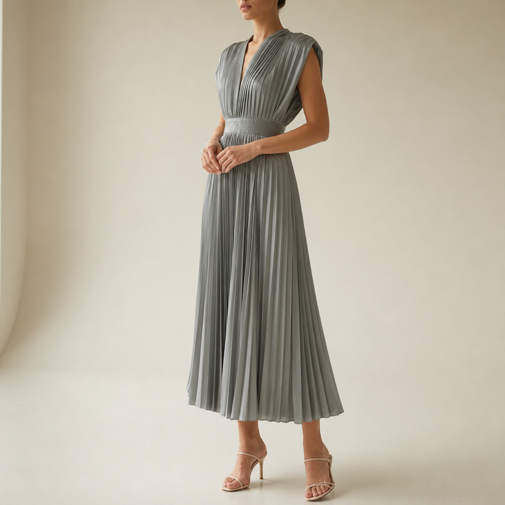 Tarragona Pleated V-Neck Midi Dress in Gray