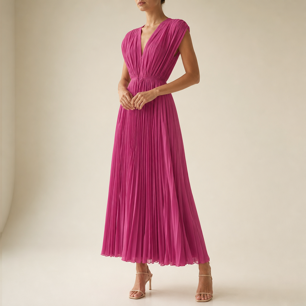 Tarragona Pleated V-Neck Midi Dress in Pink