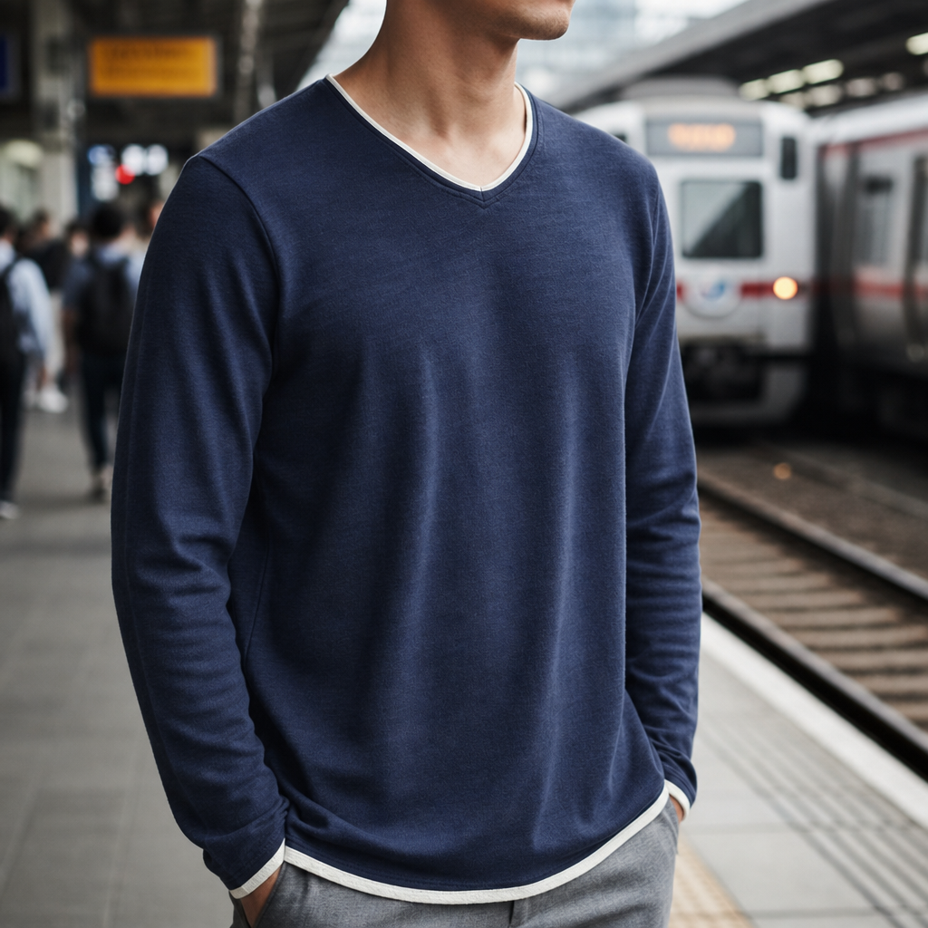Toledo Contrast Trim V-Neck Tee in Navy Blue