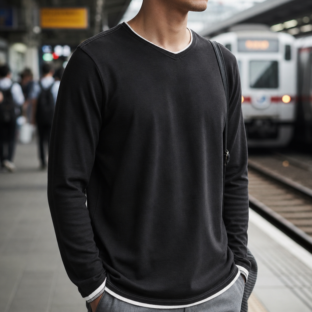 Toledo Contrast Trim V-Neck Tee in Black