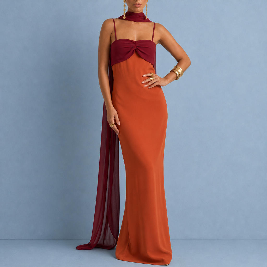 Tropea Colorblock Chiffon Maxi Dress in Burgundy Orange