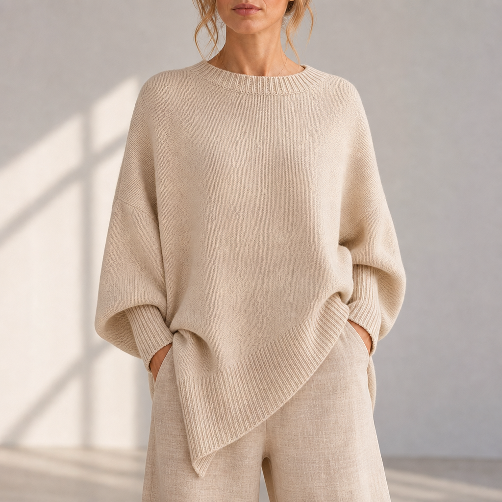 Urbino Asymmetric Oversized Knit Sweater in Beige