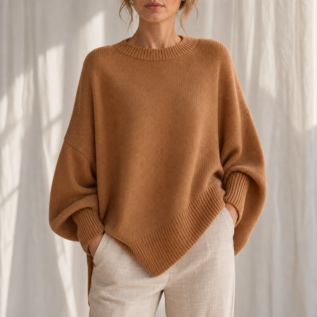 Urbino Asymmetric Oversized Knit Sweater in Brown