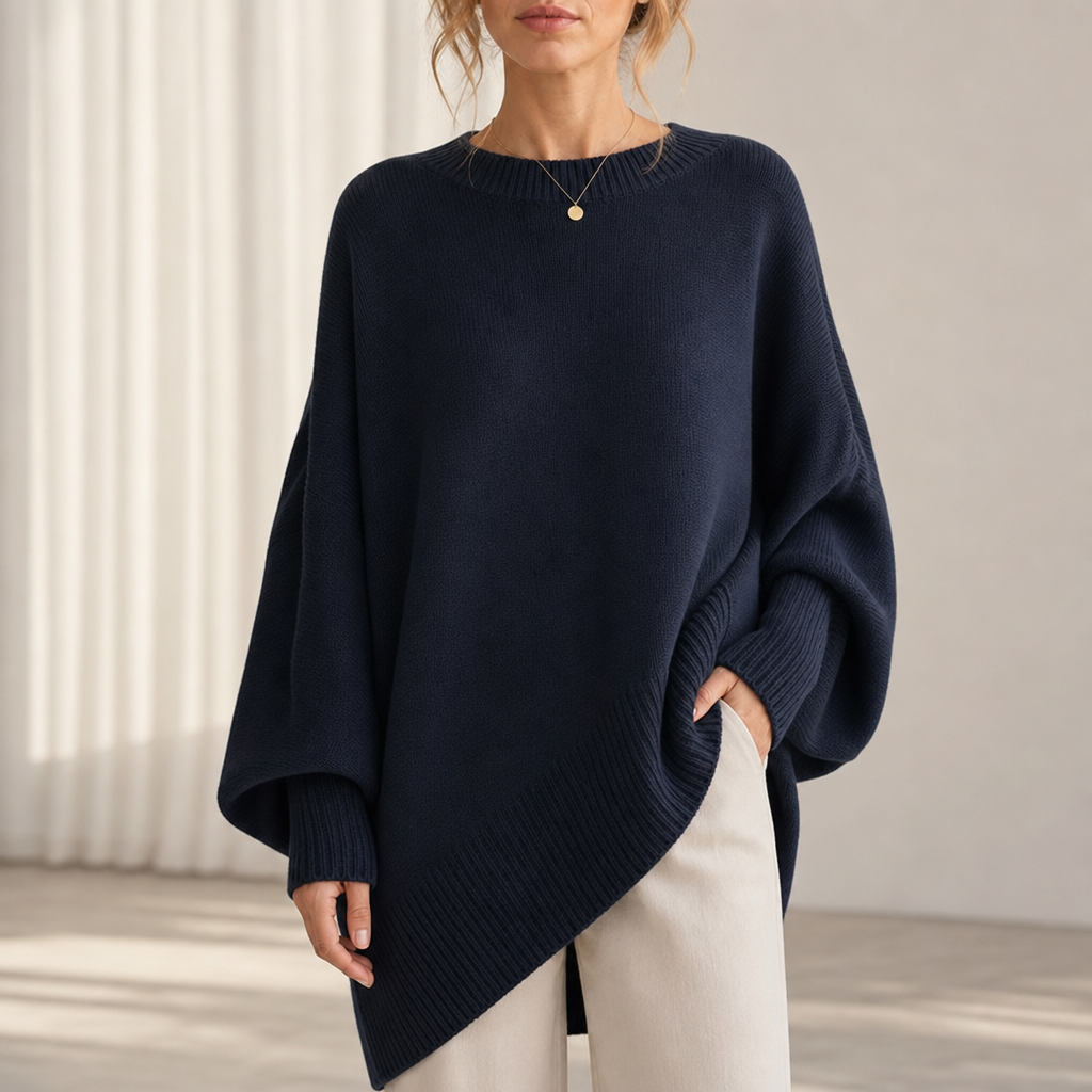 Urbino Asymmetric Oversized Knit Sweater in Navy Blue