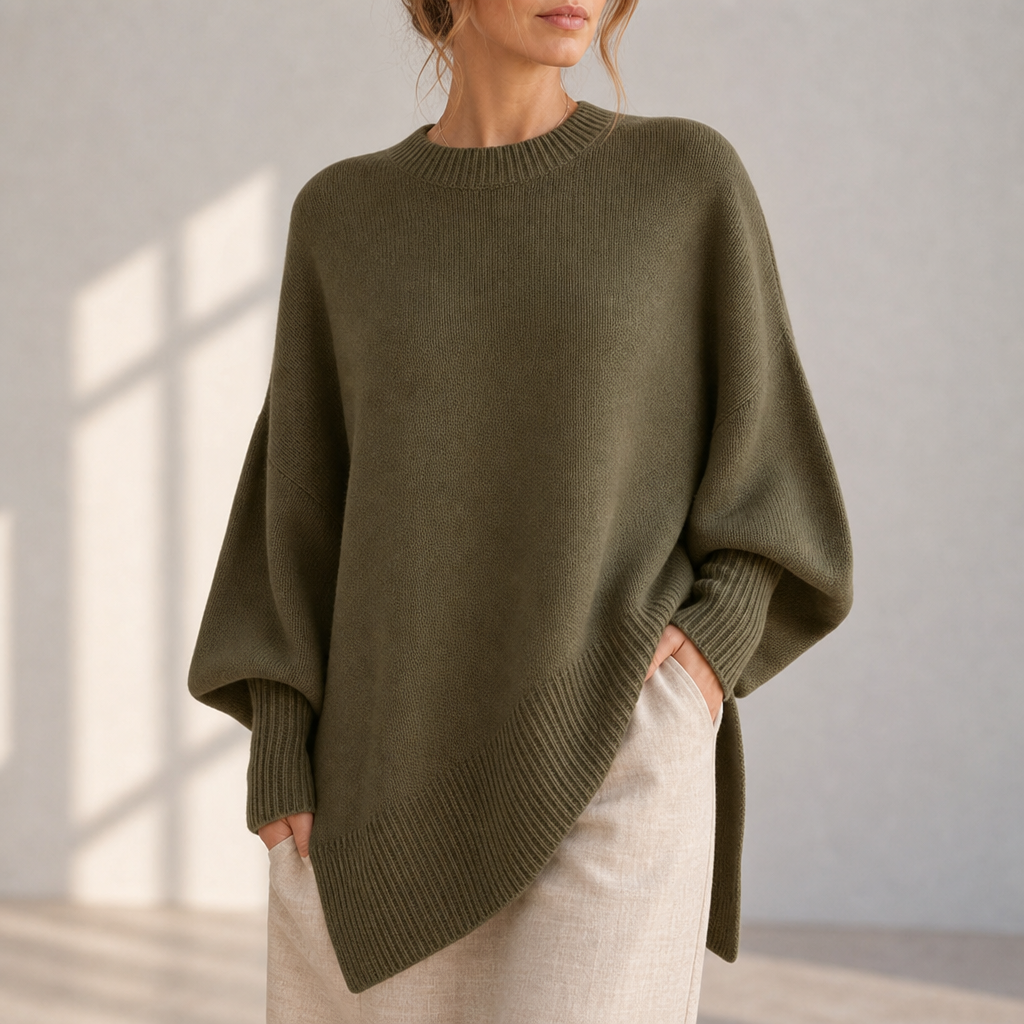 Urbino Asymmetric Oversized Knit Sweater in Olive Green