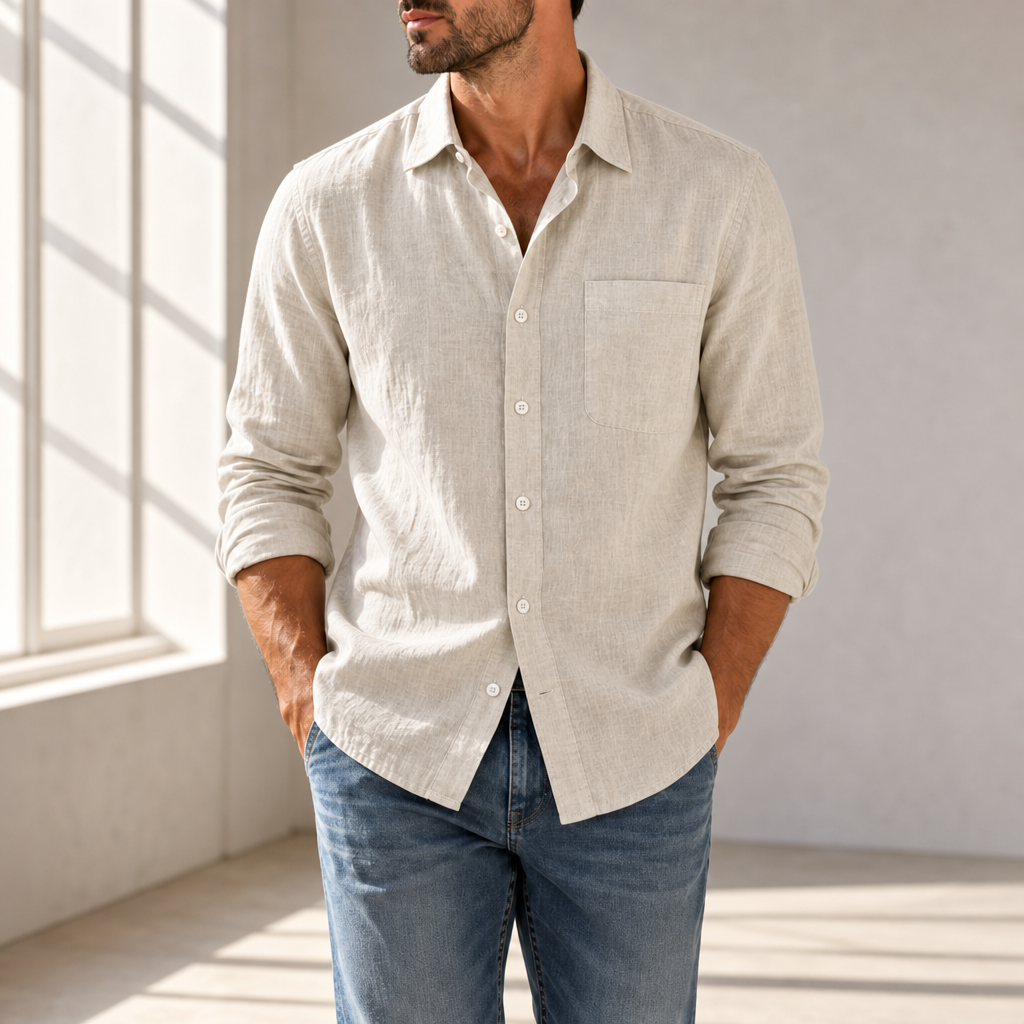 Urbino Linen Button-Up Shirt in Beige