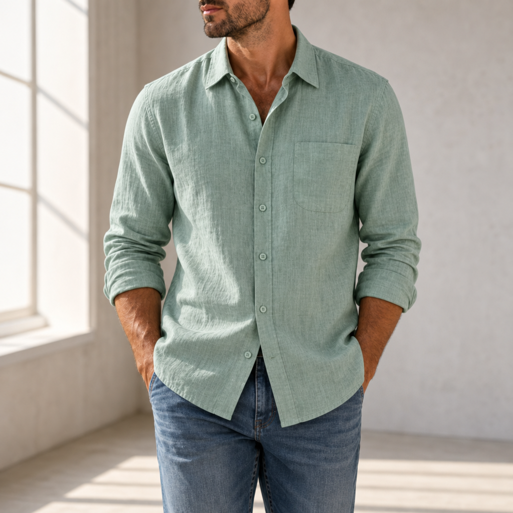 Urbino Linen Button-Up Shirt in Green