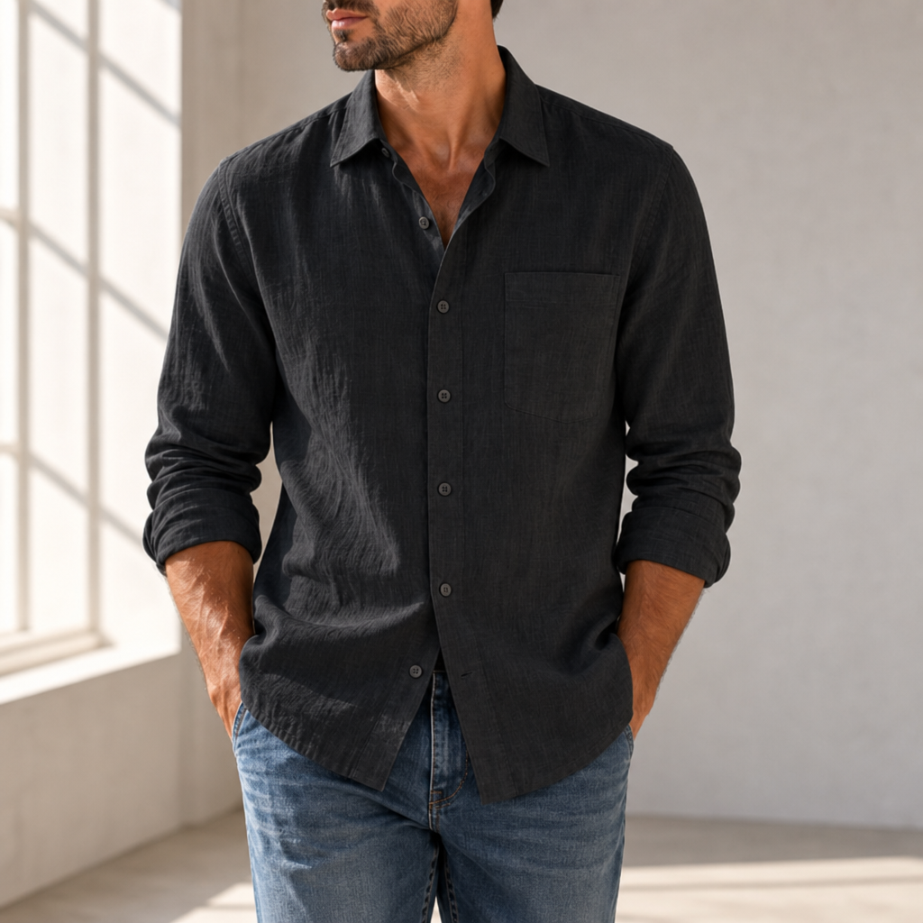 Urbino Linen Button-Up Shirt in Black