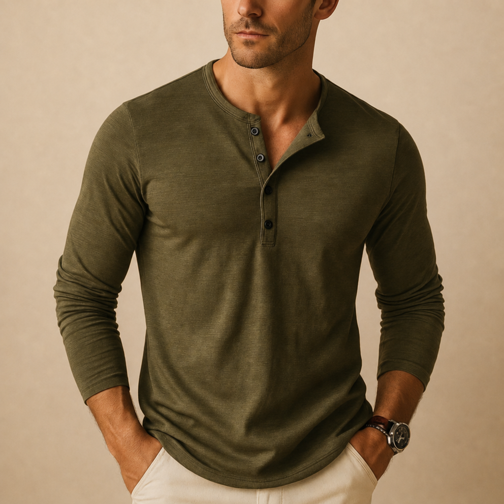 Verona Slim Fit Henley Shirt in Olive Green