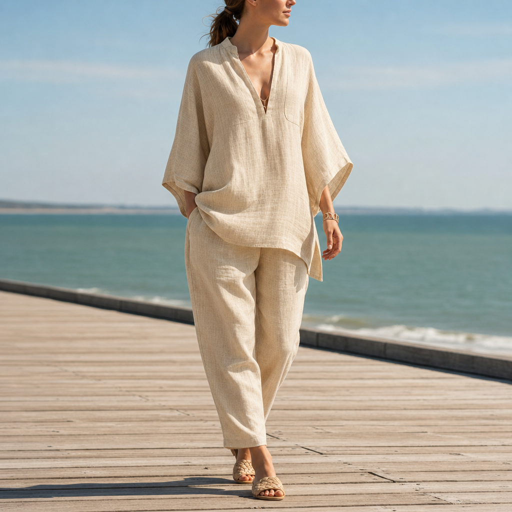 Volterra Linen Batwing Two-Piece Set in Beige