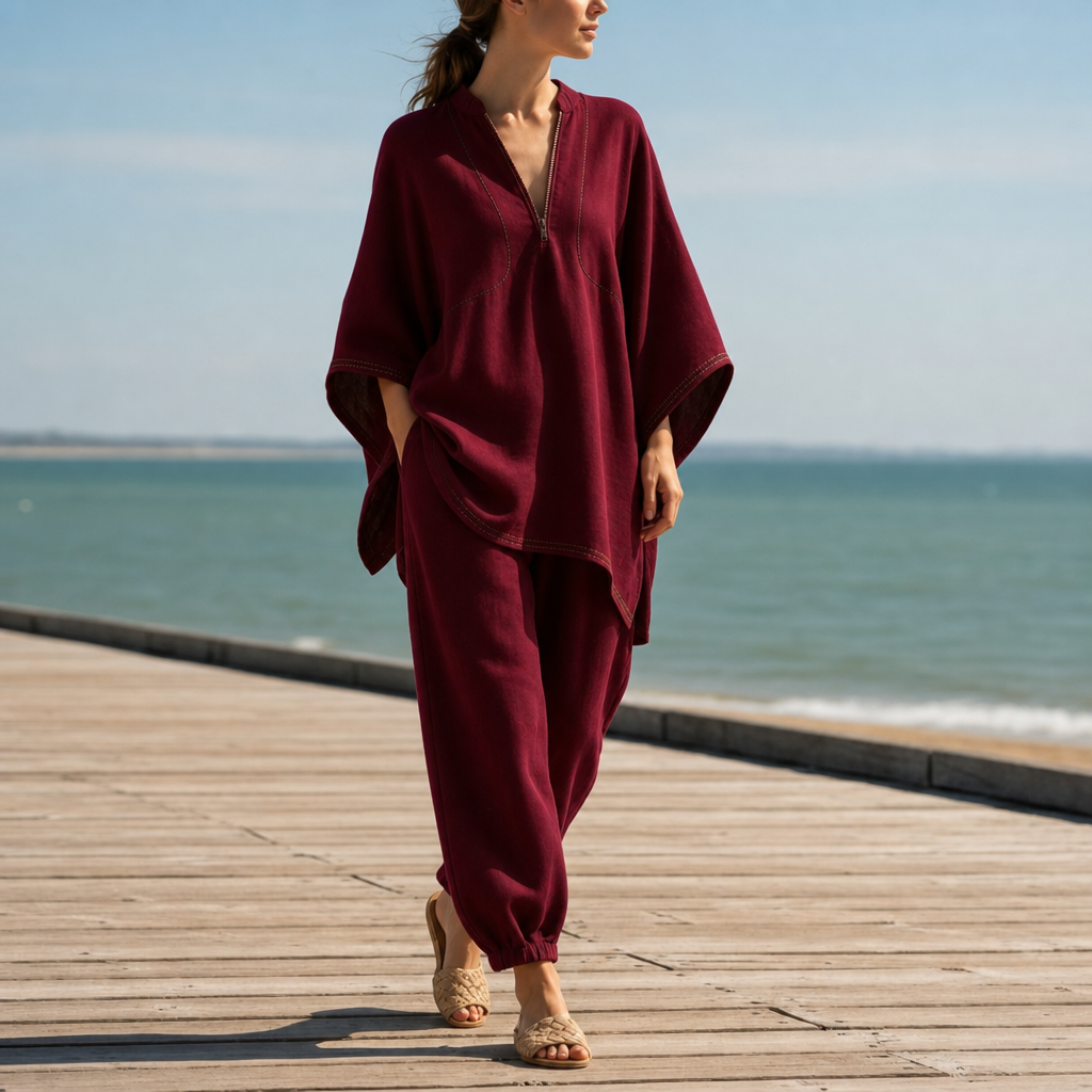 Volterra Linen Batwing Two-Piece Set in Burgundy
