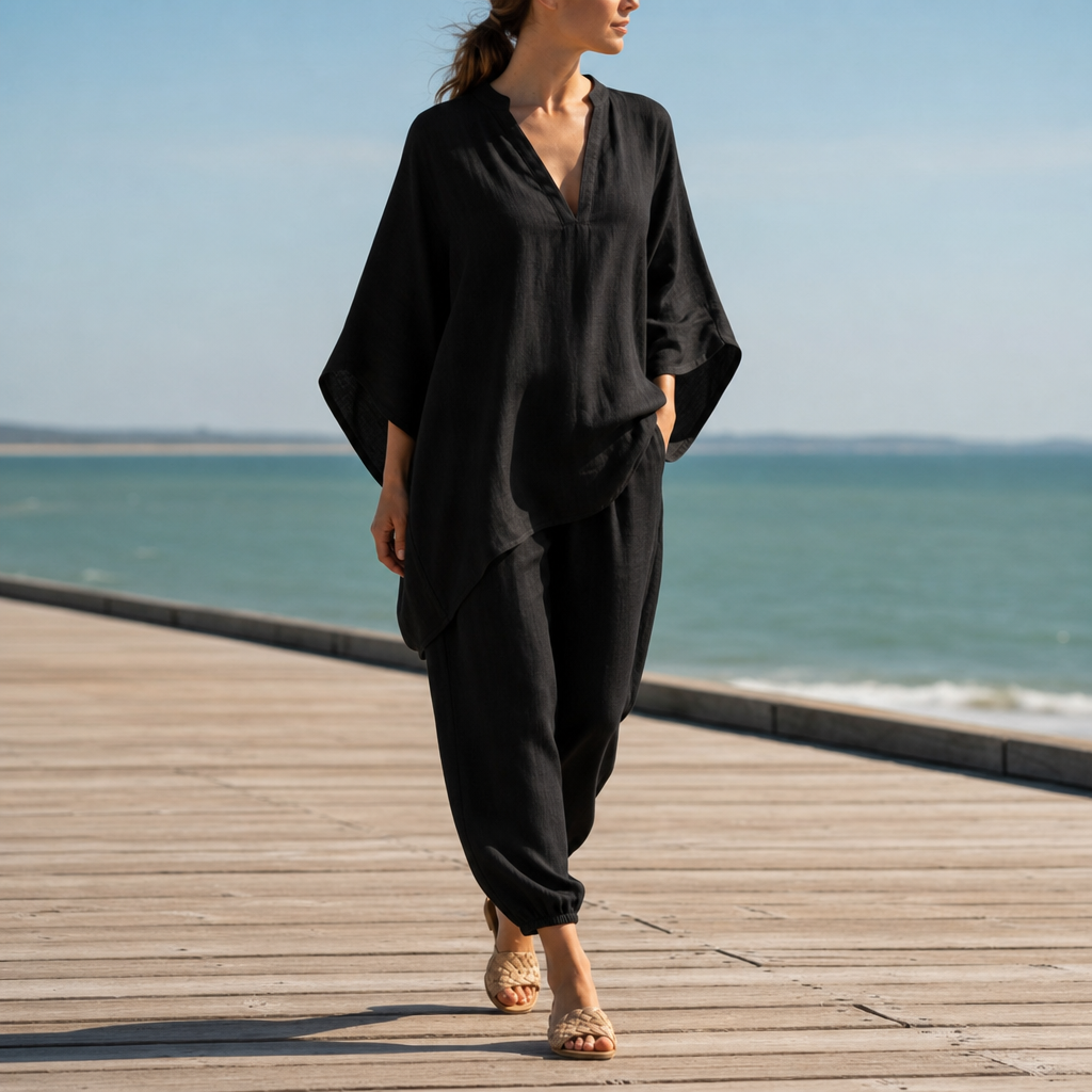Volterra Linen Batwing Two-Piece Set in Black